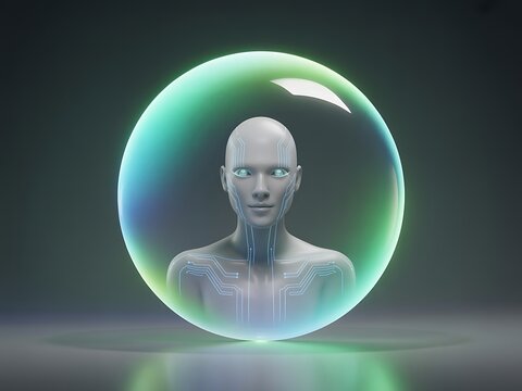 A Futuristic Humanoid Figure Encased Within a Protective Iridescent Digital Sphere Symbolizing Technology and Cybersecurity Protection