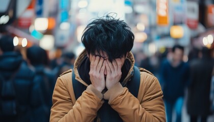 Man feeling stressed and overwhelmed in a busy city street