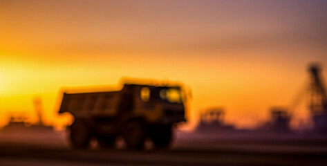 Fototapeta premium Blurred heavy truck silhouette against a glowing orange sunset sky, evoking motion and strength as it drives across a dusty industrial landscape during golden hour.