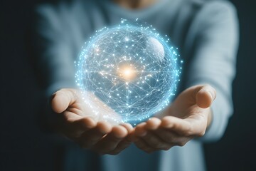 Hands holding glowing abstract sphere of interconnected digital data points and light
