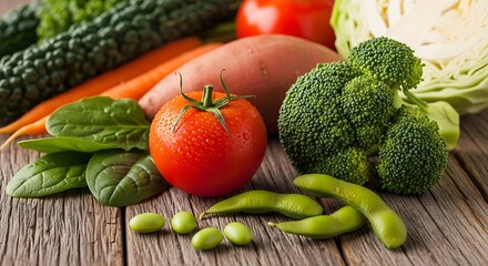 Fresh Vegetables on Rustic Wood: Tomato, Broccoli, Edamame, and Greens