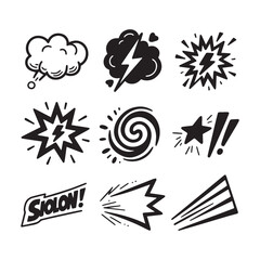 Silhouette Comic Style Vector Elements of Explosions, Smoke, Lightning, and Action Effects.