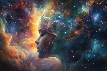 Profile of a woman's face emerging from vibrant cosmic nebula with stars
