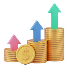 Stacks of gold coins with colorful arrows isolated on transparent background