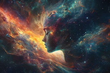 Woman's profile illuminated by cosmic nebula concepts of thought and imagination