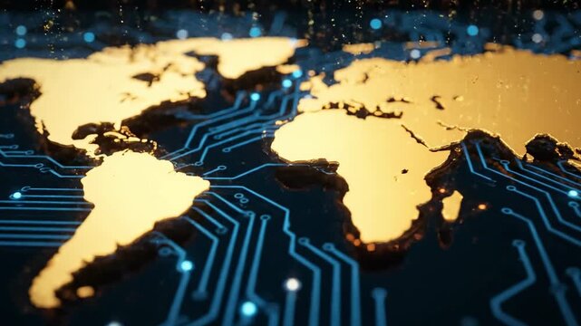A gold-toned world map overlayed with blue circuit board lines, suggesting a digital connection