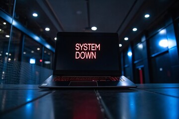 Laptop screen displaying glowing words 'SYSTEM DOWN' in a dark lit modern office background, symbolizing network failure, cybersecurity crisis, and digital system malfunction