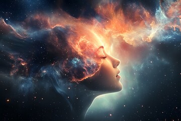 Surreal portrait of a person's face merging with a vibrant cosmic nebula and stars