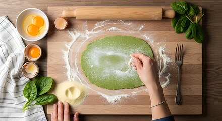 Hands Preparing Fresh Green Spinach Pasta Dough on Wooden Board with Flour and Eggs