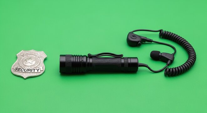 Security Guard Gear: Badge, Flashlight, and Earpiece on Green Background