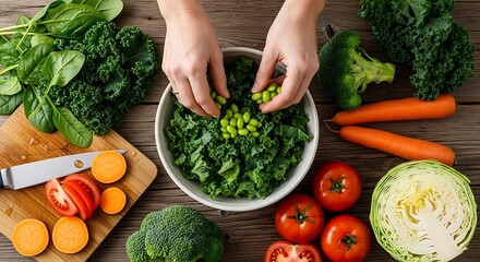 Preparing Healthy Kale Salad with Edamame, Tomatoes, and Broccoli on Wooden Table