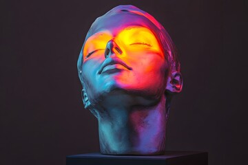 Abstract colorful sculpture of a human face illuminated with vibrant gradient lighting