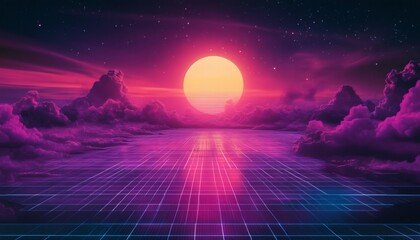 Retro futuristic sunset over gridded landscape