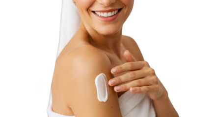 Smiling woman applying deodorant on underarm isolated on transparent background