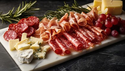 A delicious charcuterie board featuring prosciutto, salami, various cheeses, and grapes