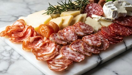 A delicious charcuterie board featuring salami, various cheeses, dried apricots, and rosemary
