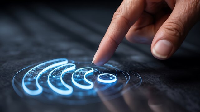 A finger touching a glowing futuristic wi-fi symbol on a dark surface representing seamless wireless connectivity and digital innovation