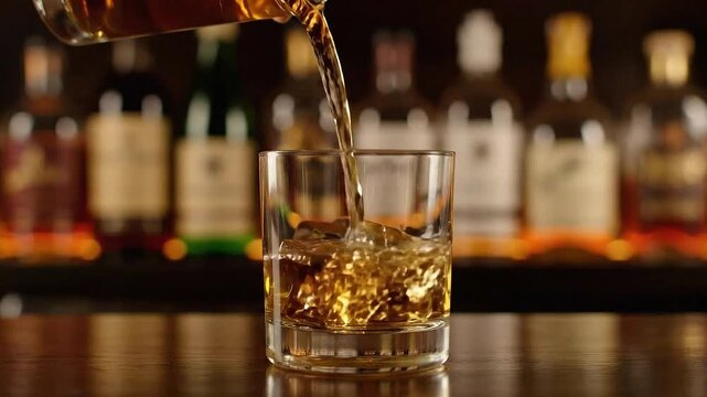 Amber Liquid Being Poured Into a Glass Filled with Ice Cubes on a Bar with Blurred Assorted Liquor Bottles in the Background Creating a Warm and Inviting Atmosphere