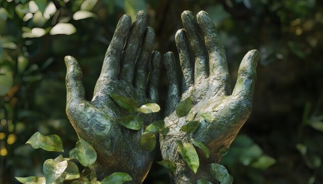 Two hands reaching up, covered in vines and leaves