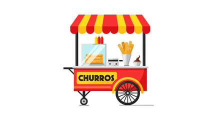 Colorful Churros Street Food Cart with Striped Canopy and Snacks. © wong