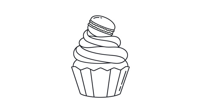 Simple black and white line art of a cupcake with swirled frosting and a macaron on top.