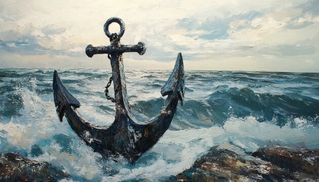 Old rusty anchor on the rocks in stormy sea - Powered by Adobe