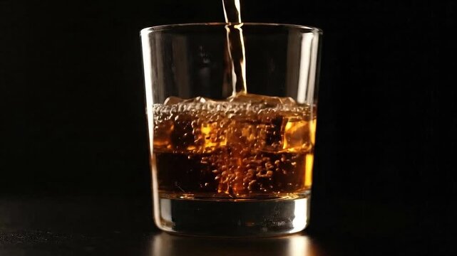 Amber Liquor Poured into a Clear Glass with Ice on a Black Reflective Surface Under Bright Studio Lighting Slow Motion Filling Action Perfect for Commercial Use 198 character