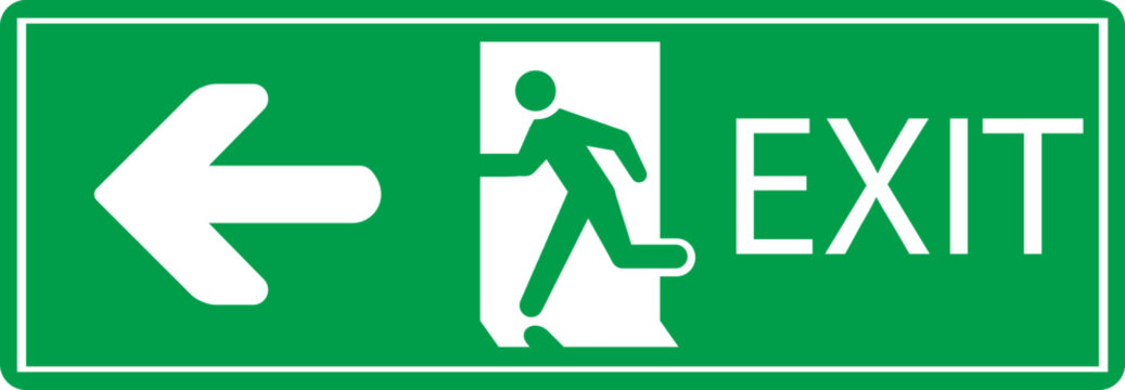 Emergency Exit Icon. Vector illustration of running man and exit door sign. Escape and evacuation symbol. Various exit sign isolated white background.Evacuation and relocation of people to safety. 