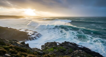 The picture shows a beautiful natural landscape with green hills and a clear blue sky. In the middle of the field, a group of deer is grazing peacefully. Tall trees surround the area, and a small rive