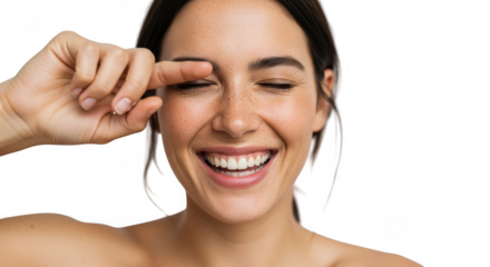 Happy woman smiling with hand near eyes, closeup portrait isolated on transparent background