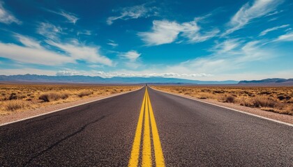 Asphalt road cutting through a vast desert landscape under a vibrant blue sky