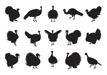 thanksgiving day turkey set collection pack bundle black shape icon silhouette vector flat illustration design on white background
