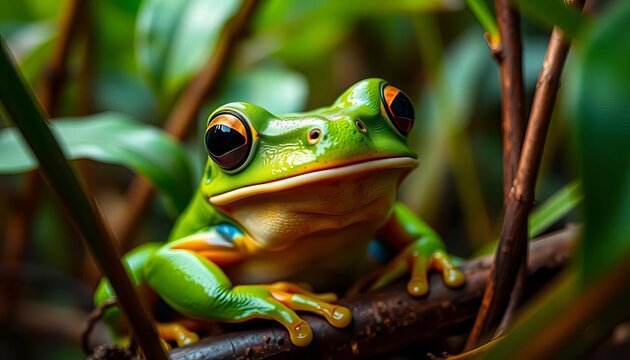 Close-up of a vibrant green frog in a lush rainforest environment,   biodiversity hotspot,  habitat