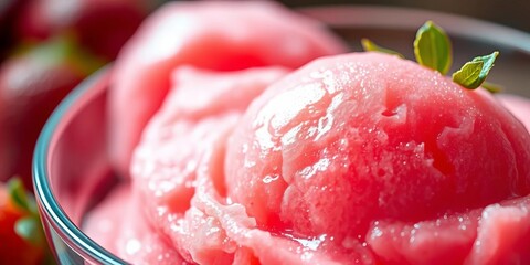 Close-up of vibrant pink strawberry sorbet in a bowl, glistening under soft light,  Italian dessert,   dessert background