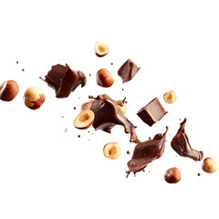 Delicious chocolate and hazelnut pieces levitating in mid-air for a tempting treat
