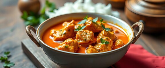 Creamy tomato-based butter chicken curry in a bowl,   coconut milk,  orange