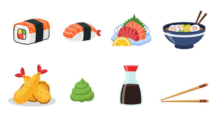 Illustration of sushi, sashimi, ramen, tempura, wasabi, soy sauce, and chopsticks.
