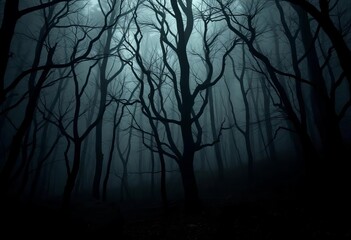 Dark, misty forest with gnarled trees and shadowy depths,  night,  evil