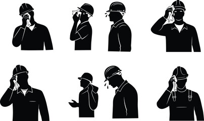 "Construction workers silhouettes wearing hard hats wiping sweat exhausted laborers heat stress safety industrial job site vector illustration design"