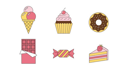 Sweet treats: ice cream, cupcake, donut, chocolate, candy, and cake.