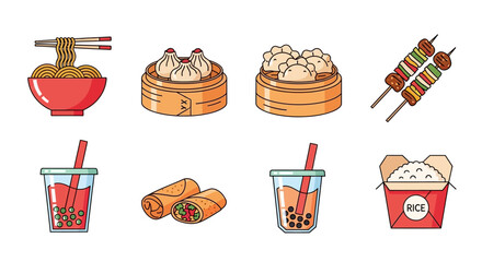 Chinese food icons: noodles, dumplings, skewers, spring rolls, bubble tea, rice.