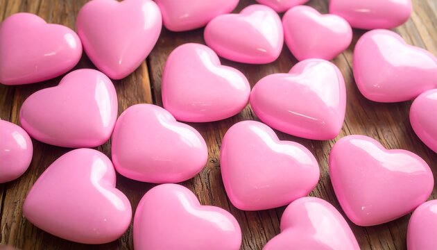 Sweet pink heart-shaped objects scattered on weathered wooden surface - Powered by Adobe