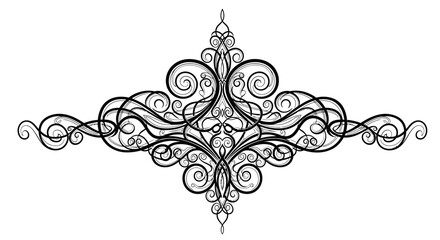 Symmetrical Black and White Ornate Scroll Ornament with Intricate Flourish Design, Isolated White Background.