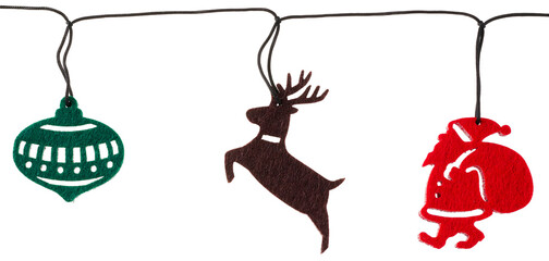 Christmas felt garland with ornament ball reindeer and Santa Claus on a white background