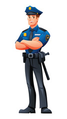 Police officer standing with folded arms in uniform, law enforcement professional. Vector cartoon character illustration