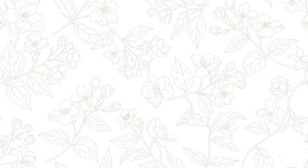 Fototapeta premium Delicate Seamless Floral Pattern with Outline Flowers and Leaves on Isolated White Background