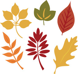 Obraz premium Illustration of six colorful autumn leaves on a white background. The leaves are in shades of orange, red, yellow, and green, evoking a fall theme.