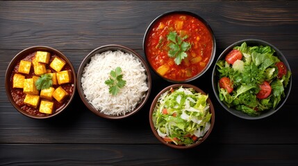 Diverse Selection of Fresh and Delicious Dishes Featuring Rice, Salads, Paneer Curry, and Tomato-based Vegetable Stew on a Rustic Wooden Table