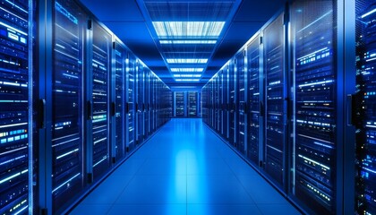 Rows of illuminated servers in a modern data center