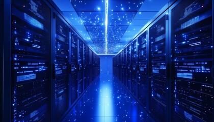 Data center server room with glowing blue lights and data streams